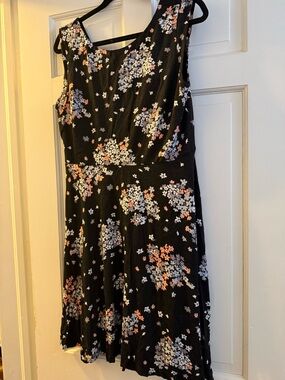 LOFT Black Floral Midi Dress with Pink, White & Light Purple Accents